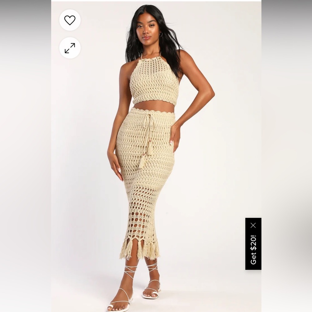 Lulus Knit the Beach Beige Crochet Halter Two-Piece Midi Dress